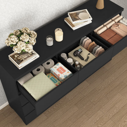 12 Drawers Double Dresser, Modern Wood Dresser Chest of Drawers with Large Storage Space for Bedroom, Black