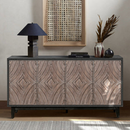 60 Inch American Country Retro Sideboard Four Convex Pattern Door Solid Wood Household Living Room Entrance Storage Cabinet