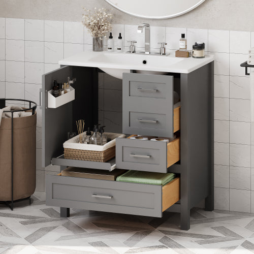 30" Gray Bathroom Vanity with Sink Combination Set, Bathroom Storage Cabinet with Soft Close Door, 3 Soft Close Drawers and Removable Tray, Solid Wood Frame