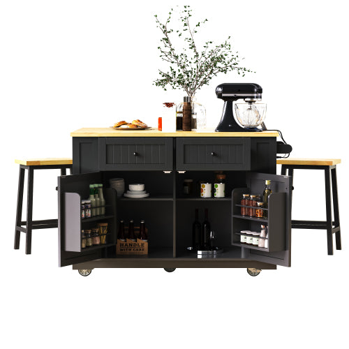48inch Kitchen Island with 2 Bar Stools, Power Outlet, Internal Storage Rack, Kitchen Storage Cart on 5 Wheels with Drop Leaf, 5 Open Side Racks, Drawers, Black (Old SKU N707S000015B)(Three Packages)