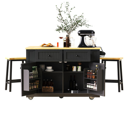 48inch Kitchen Island with 2 Bar Stools, Power Outlet, Internal Storage Rack, Kitchen Storage Cart on 5 Wheels with Drop Leaf, 5 Open Side Racks, Drawers, Black (Old SKU N707S000015B)(Three Packages)