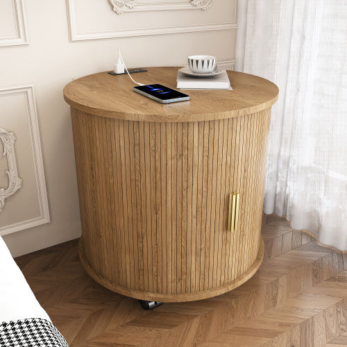 Osk Cylinder Nightstand, Mid-Century Round Side Table with USB Charging & Sliding Door