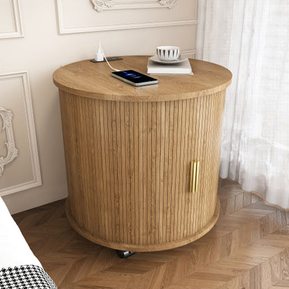 Osk Cylinder Nightstand, Mid-Century Round Side Table with USB Charging & Sliding Door