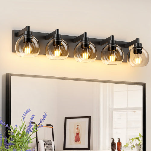 Bathroom Light Fixtures Over Mirror 5-Lights Bathroom Vanity Light with Clear Globe Glass Shade Modern Black Vanity Light Wall Sconce Vanity Lighting for Bath(Bulbs Not Included)