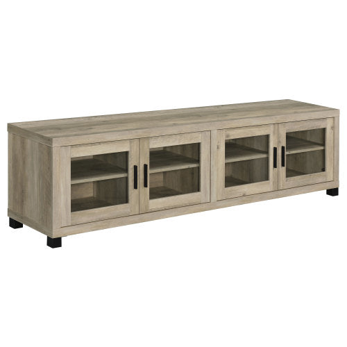 Distressed Pine 79 Inch Farmhouse Media Console, 4 Glass Door TV Stand Fits 85 Inch TV