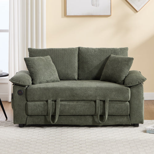58-Inch Green 3-in-1 Convertible Futon Sofa-Bed, Side Pockets & USB Port