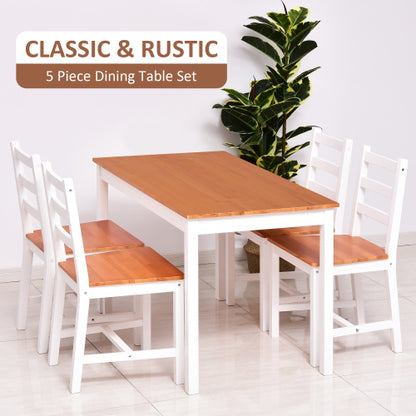 5 Piece Dining Table Set with 4 Chairs, Solid Pine Wood