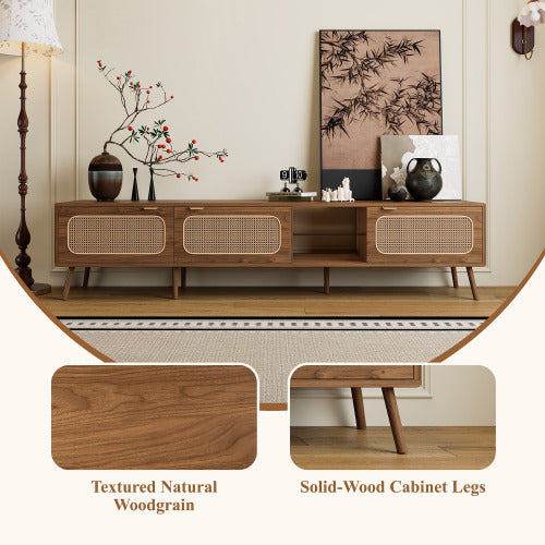 78.7 inch Walnut Rattan TV Stand Soft Close Doors Fits 75/80/85 Inch TV