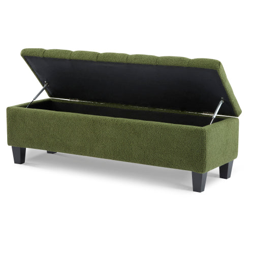 Green Boucle Storage Ottoman Bench, Tufted Design with Rubber Wood Legs, 300 LBS Capacity, 51.18 inchL x17.52 inchW x18 inchH