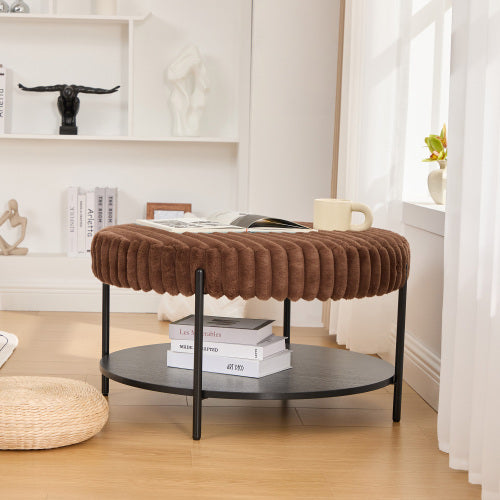 30.9 inch Round Faux Fur Ottoman Coffee Table with Storage Shelf