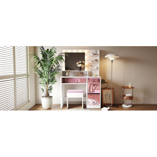 Vanity Desk with Glass Top and 11 Hollywood Bulbs, 3 Color Lighting Modes, Makeup Vanity with Pink Finish Drawers & Shelves, White Vanity Table with Stool for Bedroom
