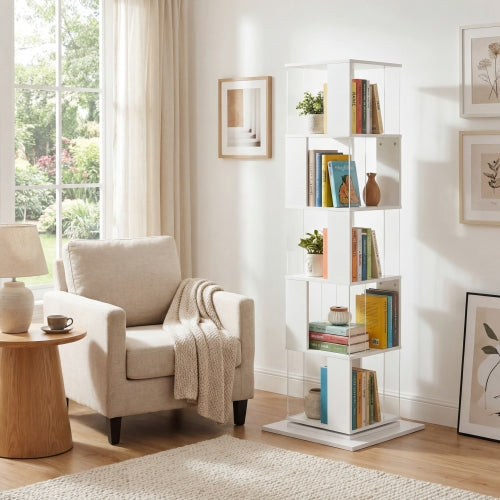 5-Tier 360° Rotating Bookshelf Wood Veneer & Acrylic Panel Anti-Tip Base Modern Home Display Storage Rack