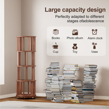 Solid Wood 360° Rotating 4-Tier Wheel Mobile Walnut Bookshelf
