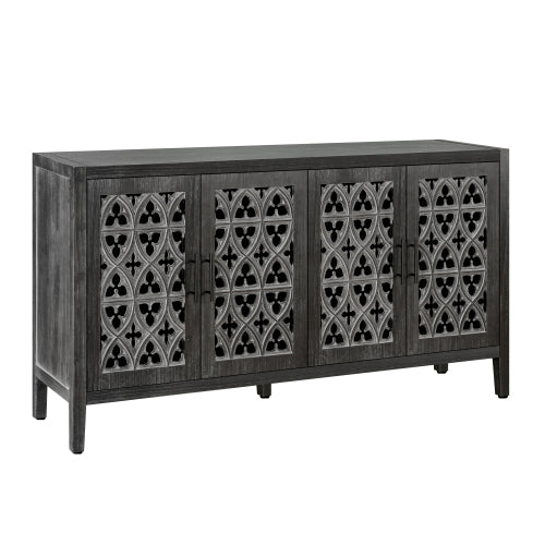 Antique Black Hollow Floral Four-Door Cabinet American Country Style Adjustable Layer Wooden Living Room TV Storage Cabinet