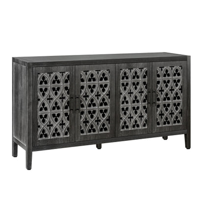 Antique Black Hollow Floral Four-Door Cabinet American Country Style Adjustable Layer Wooden Living Room TV Storage Cabinet