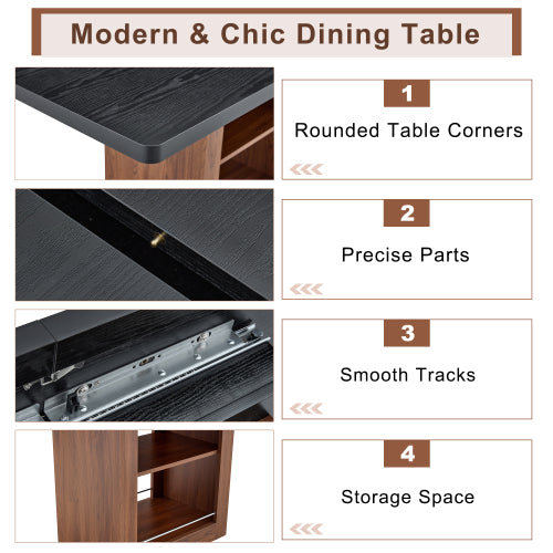 Expandable MDF Dining Table with Storage, Black Tabletop