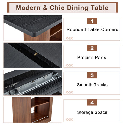 Expandable MDF Dining Table with Storage, Black Tabletop
