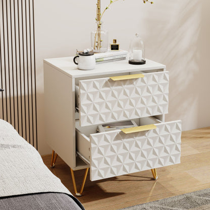 set of 2 nightstand with Light-Luxury Wall-Mounted Cabinet: 2 Drawers, Bottom support rail , Gold Legs & Handles, 3D Embossed, for Bedroom/Living Room/Office