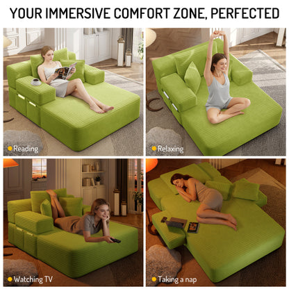 Green Oversized Plush Corduroy Chaise Lounge Convertible Sleeper Sofa-Bed w/Storage Pockets & 3 Pillows