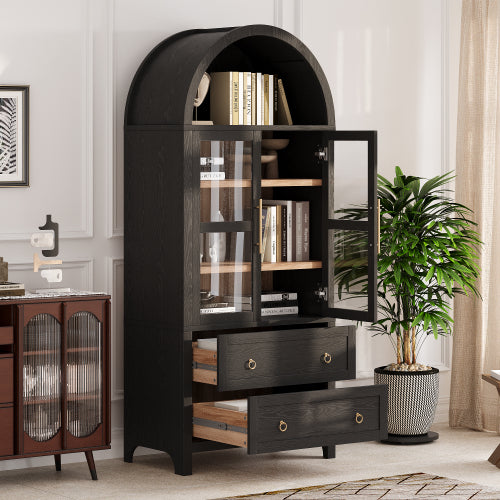 71 Inch Black Arched Glass Door Kitchen Pantry Storage Cabinet