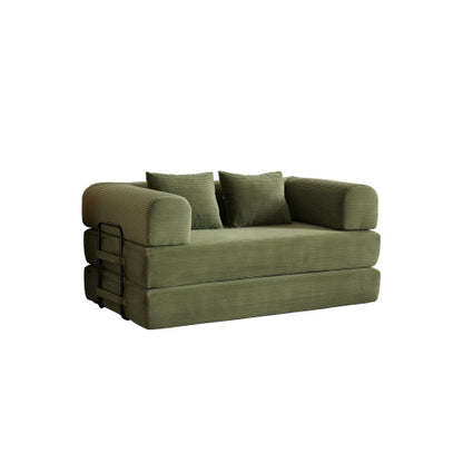 59-Inch Green Corduroy Convertible Sleeper Sofa-Bed Fixed-Shape Metal-Frame Floor Lounge Couch with Cylindrical Pillow No-Assembly
