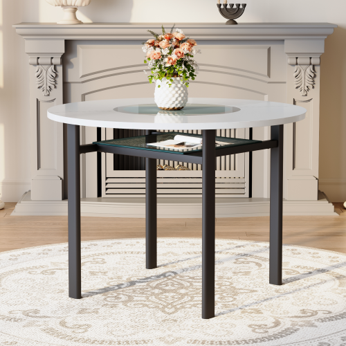 42-Inch Round Dining Table with Glass Inlay for 4-6 People