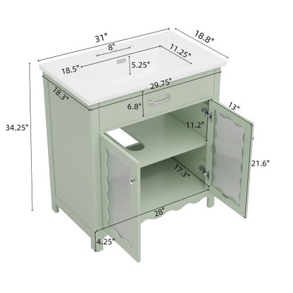 31" Bathroom Vanity with Tempered Glass, Modern Bathroom Cabinet with Rubber Wood legs and Soft close Doors, Green