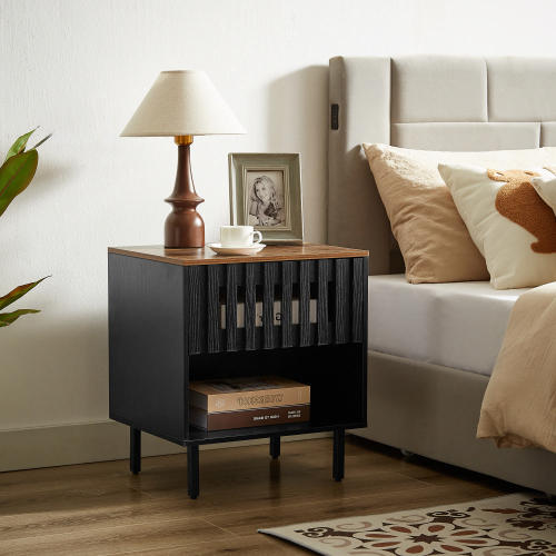 2 Pack Black Nightstands, Mid-Century Cabinet with Grille Striped Doors & Metal Legs