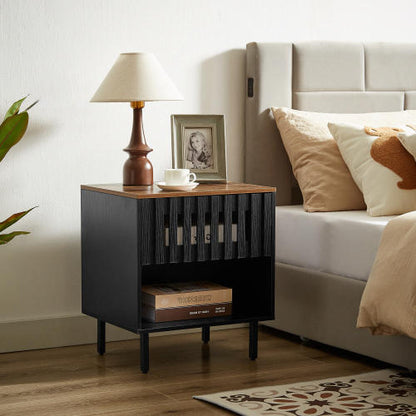 2 Pack Black Nightstands, Mid-Century Cabinet with Grille Striped Doors & Metal Legs