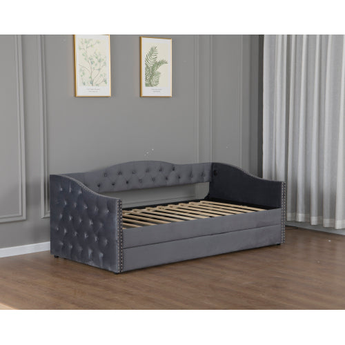 Twin Size Upholstered Daybed with Trundle and USB Charging Design, Sturdy Wood Slat Support, Wood Bed Frame for Bedroom/Guestroom/Dorm,Plush Velvet Fabric,Gray
