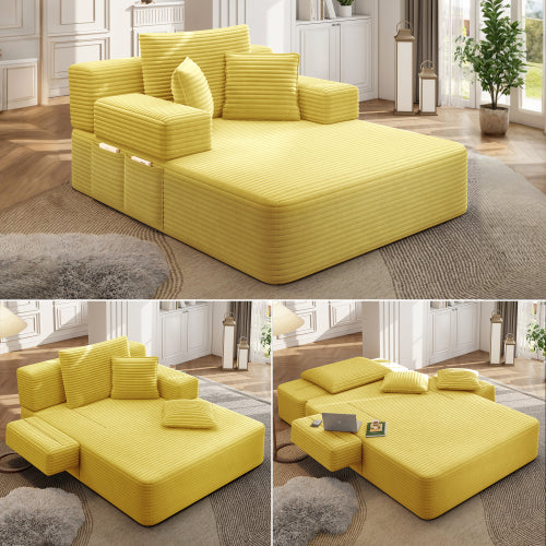 Oversized Yellow Corduroy Convertible Sofa Bed w/Storage Pockets