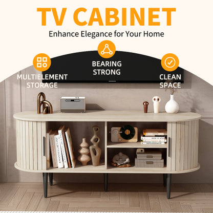 47 Inch Modern TV Stand with Sliding Door Storage Cabinet Natural Wood