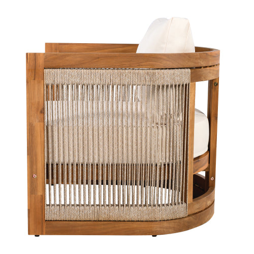 Premium Acacia Wood Outdoor Club Chair, Curved Tub Design with Woven Rope Accents, Water-Resistant Cushions, All-Weather Slat Construction