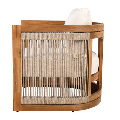 Premium Acacia Wood Outdoor Club Chair, Curved Tub Design with Woven Rope Accents, Water-Resistant Cushions, All-Weather Slat Construction