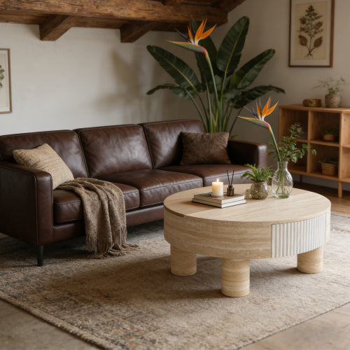 Round Coffee Table with Flip Top Storage Fluted Modern MDF Living Room Center Table