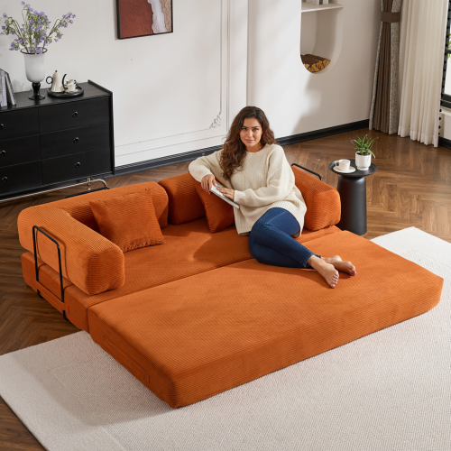 Orange Corduroy Convertible SofaBed with FixedShape Reinforced Metal Frame