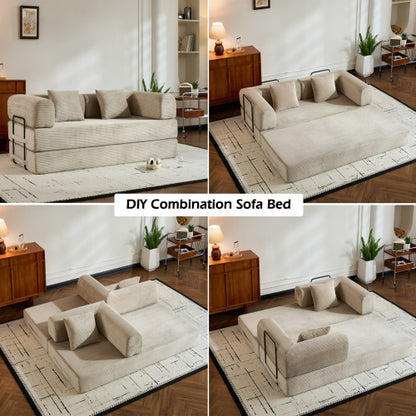 Beige Corduroy Convertible Sleeper Sofa Bed with Cylindrical Pillow