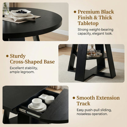 Extendable Round Dining Table for 4-8, Modern Oval Kitchen Table with Storage Shelf, Black