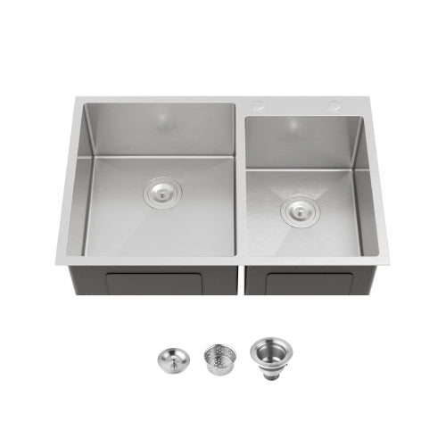 33"x19" Embedded Double Bowl Kitchen Sink, Overmount Handmade Sink in Brushed (Sink only)