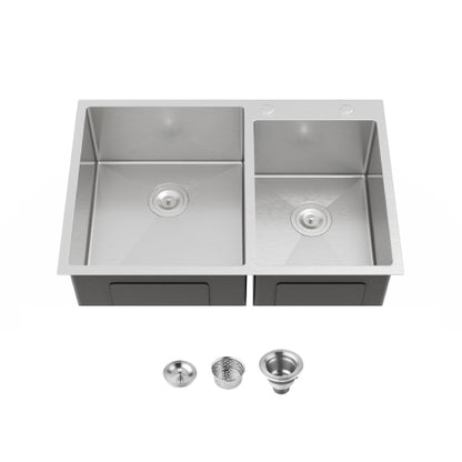 33"x19" Embedded Double Bowl Kitchen Sink, Overmount Handmade Sink in Brushed (Sink only)