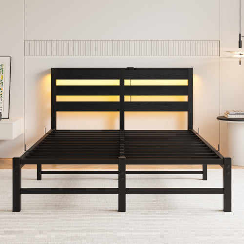 Full Size Metal Bed Frame with Wooden Headboard, RGB Lights, Outlets & Charger, Storage Shelf, Noise-Free, No Box Spring Needed