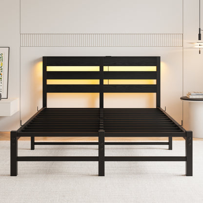 Full Size Metal Bed Frame with Wooden Headboard, RGB Lights, Outlets & Charger, Storage Shelf, Noise-Free, No Box Spring Needed
