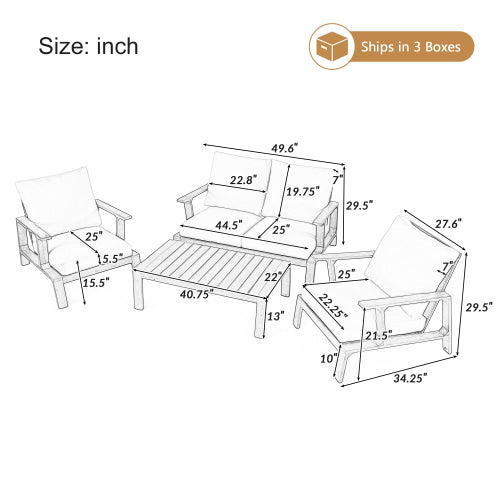 4 Pieces Outdoor Sofa Set 4-person Patio Seating Group Outdoor Conversation Set with Cushions and a Coffee Table for Patios, Gardens, or Balcony, Teak Finish +White Cushion