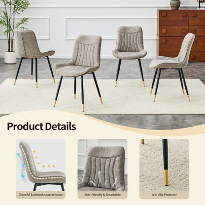 Set of 2 Gray Leathaire Tech Fabric Dining Chairs, Black Semi-Gloss Metal Leg Gold Trim Adjustable Non-Slip Feet Vertical Stitch High Back