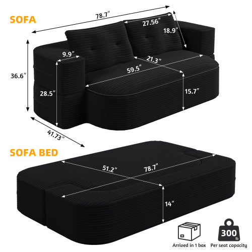 78.7-Inch Black Convertible Corduroy Sleeper Floor Sofa-Bed with Zip-On Blanket & 2 Pillows No-Assembly