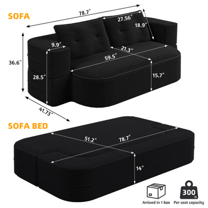 78.7-Inch Black Convertible Corduroy Sleeper Floor Sofa-Bed with Zip-On Blanket & 2 Pillows No-Assembly