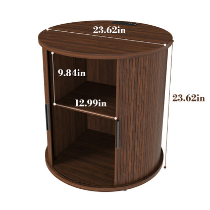 Walnut Cylinder Nightstand, Mid-Century Round Side Table with Charging Station & Sliding Door