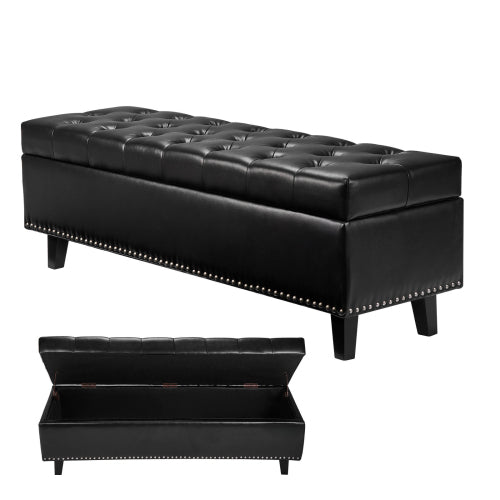 Button-Tufted Storage Ottoman Bench PU Leather Bench with Wood Legs Black