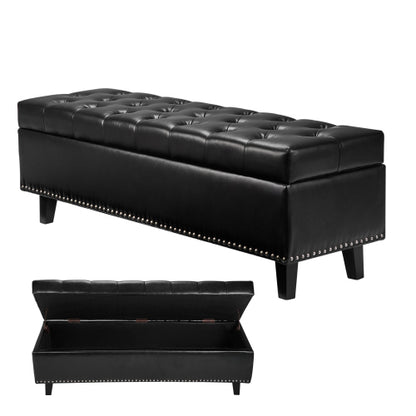 Button-Tufted Storage Ottoman Bench PU Leather Bench with Wood Legs Black