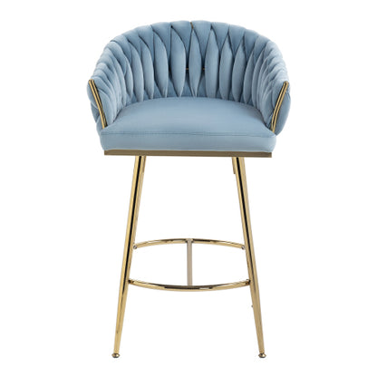 26inch  Counter height bar stools Set of 2 kitchen island counter bar stool with hand- wave back, golden chromed base and footrest(BLUE)